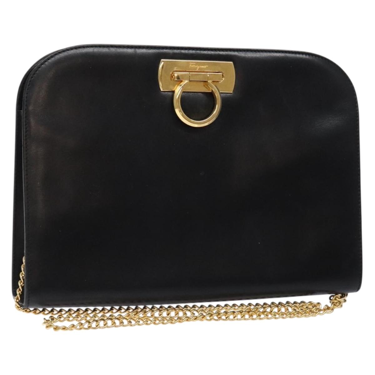 Salvatore Ferragamo Gancini Chain Shoulder Bag Leather Black Gold Auth 134769