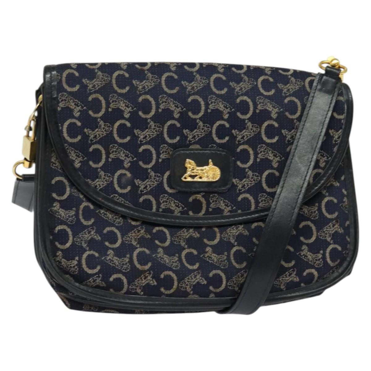 CELINE C Sulky Shoulder Bag Canvas Navy Gold Auth 134821