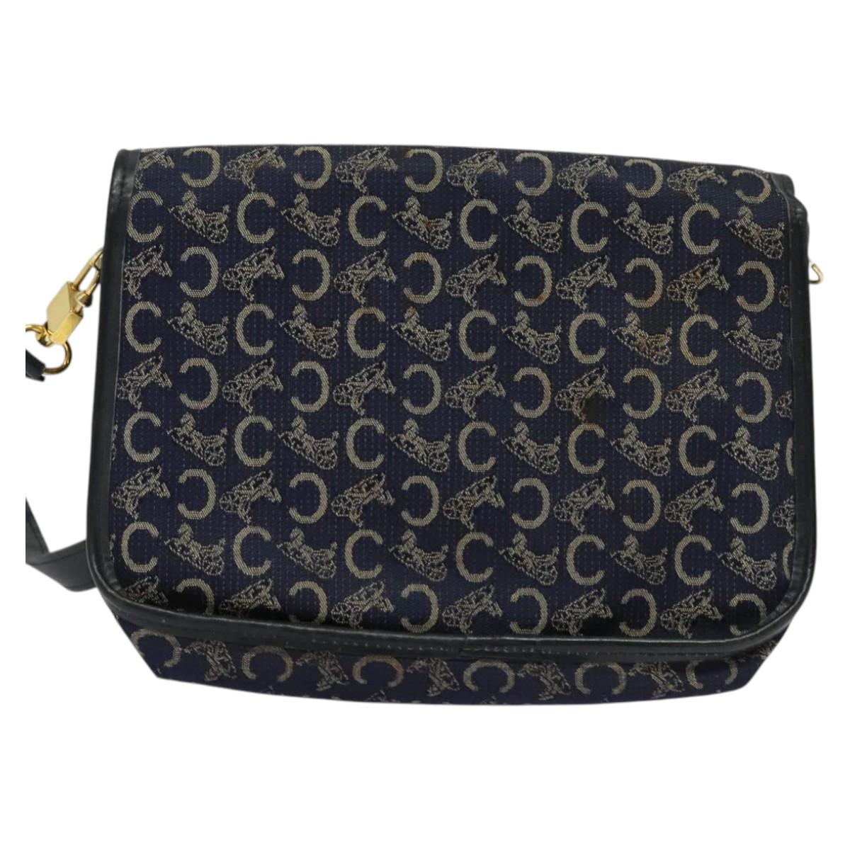 CELINE C Sulky Shoulder Bag Canvas Navy Gold Auth 134821
