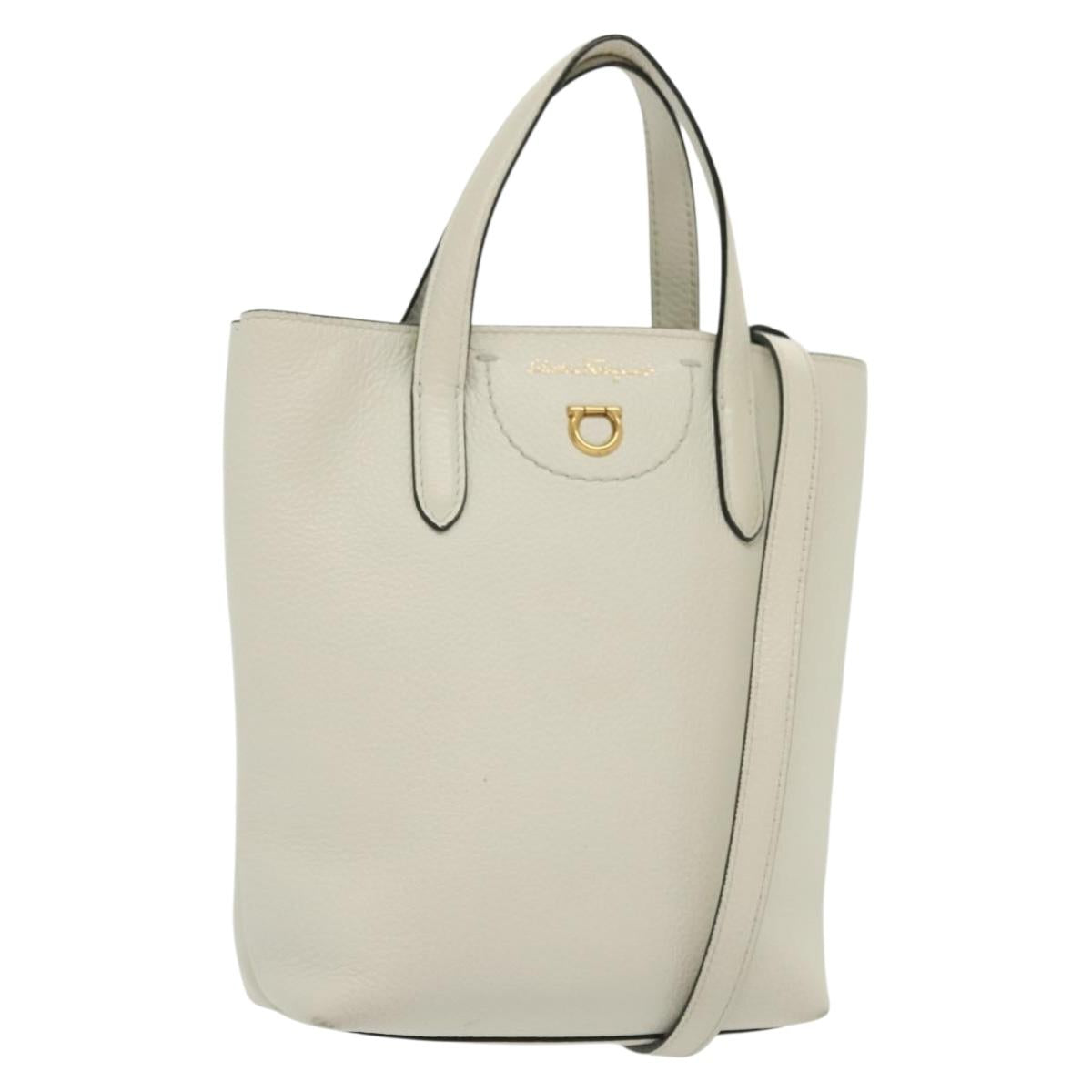 Salvatore Ferragamo Gancini Hand Bag Leather 2way White Gold Auth 134826