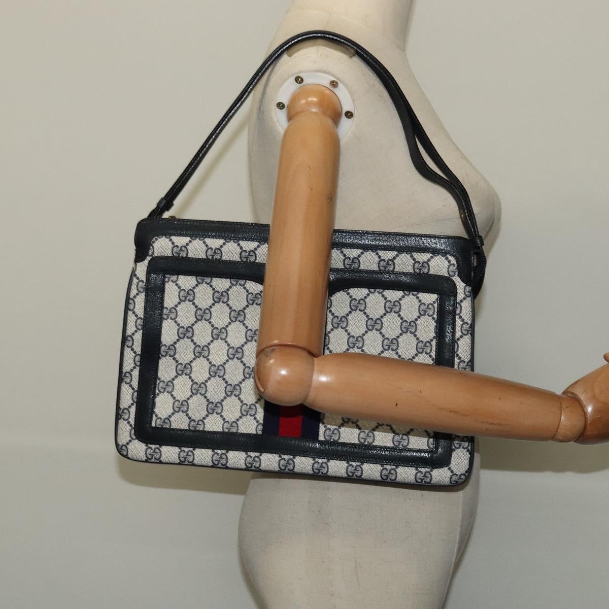 GUCCI GG Supreme Sherry Line Shoulder Bag PVC Navy Gold 41 02 013 Auth 134831