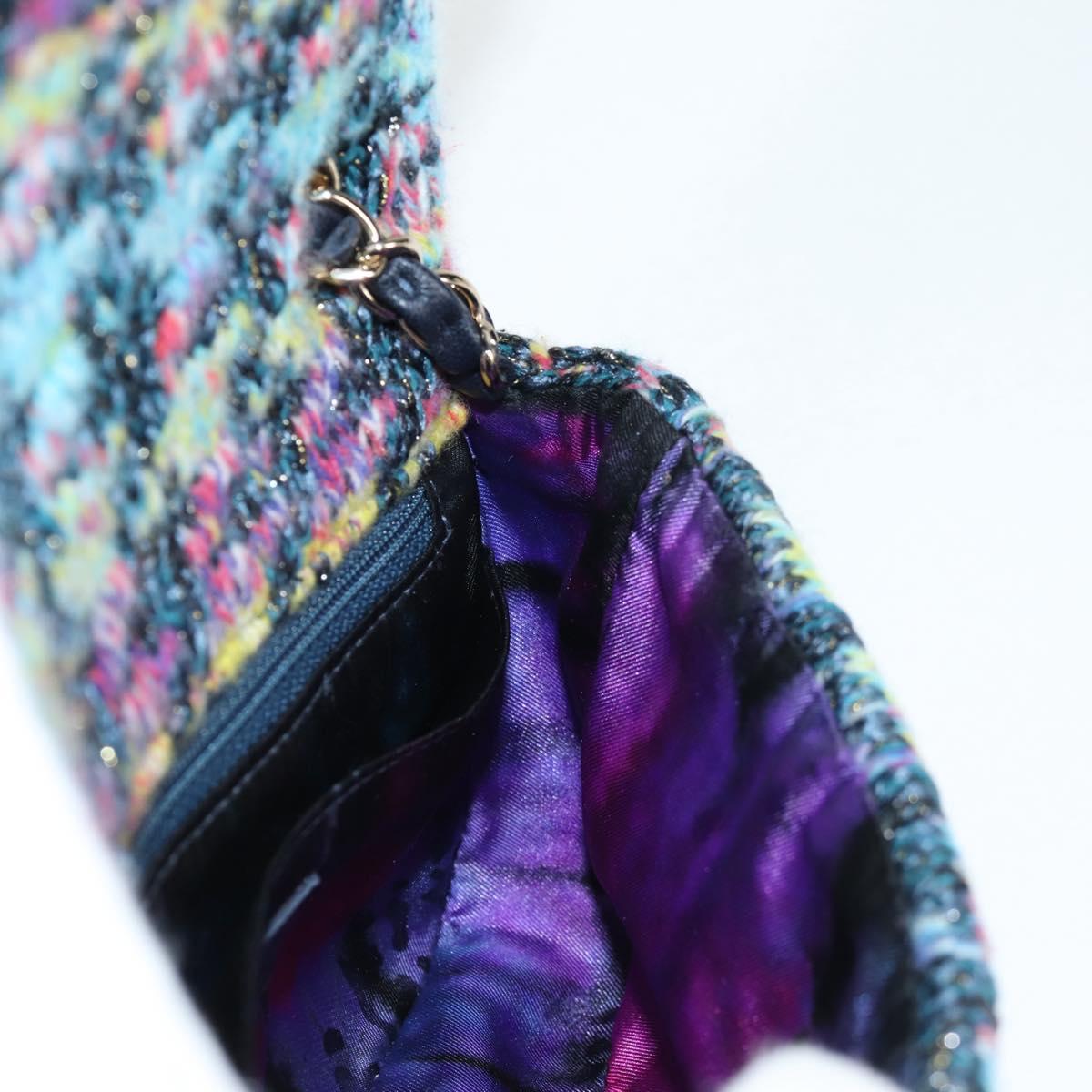 CHANEL Chain Shoulder Bag Tweed Blue Gold CC Auth 134856SM