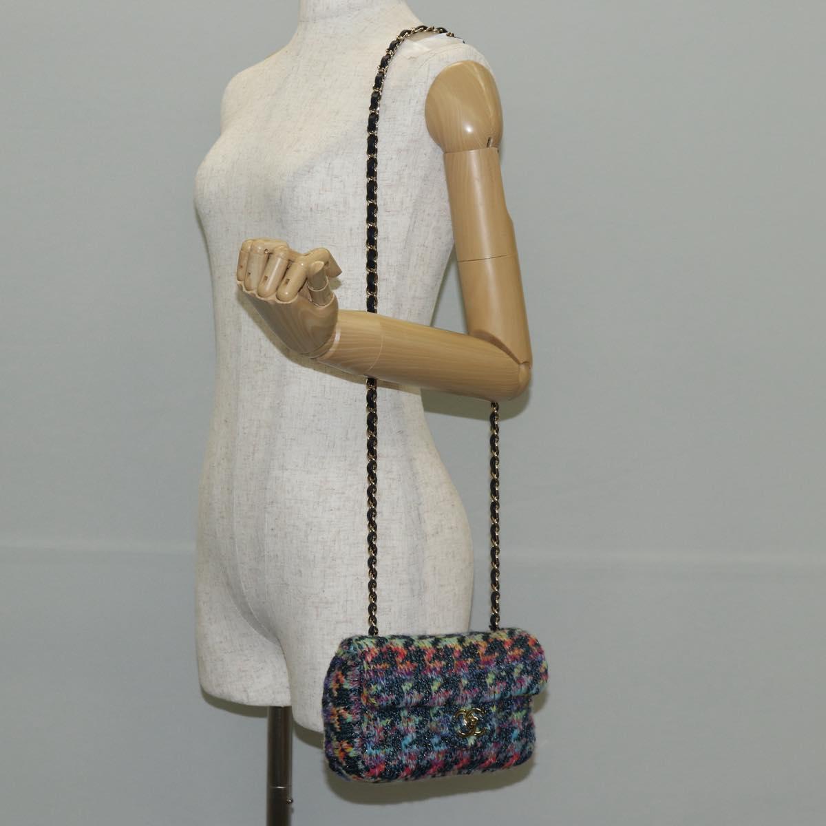 CHANEL Chain Shoulder Bag Tweed Blue Gold CC Auth 134856SM
