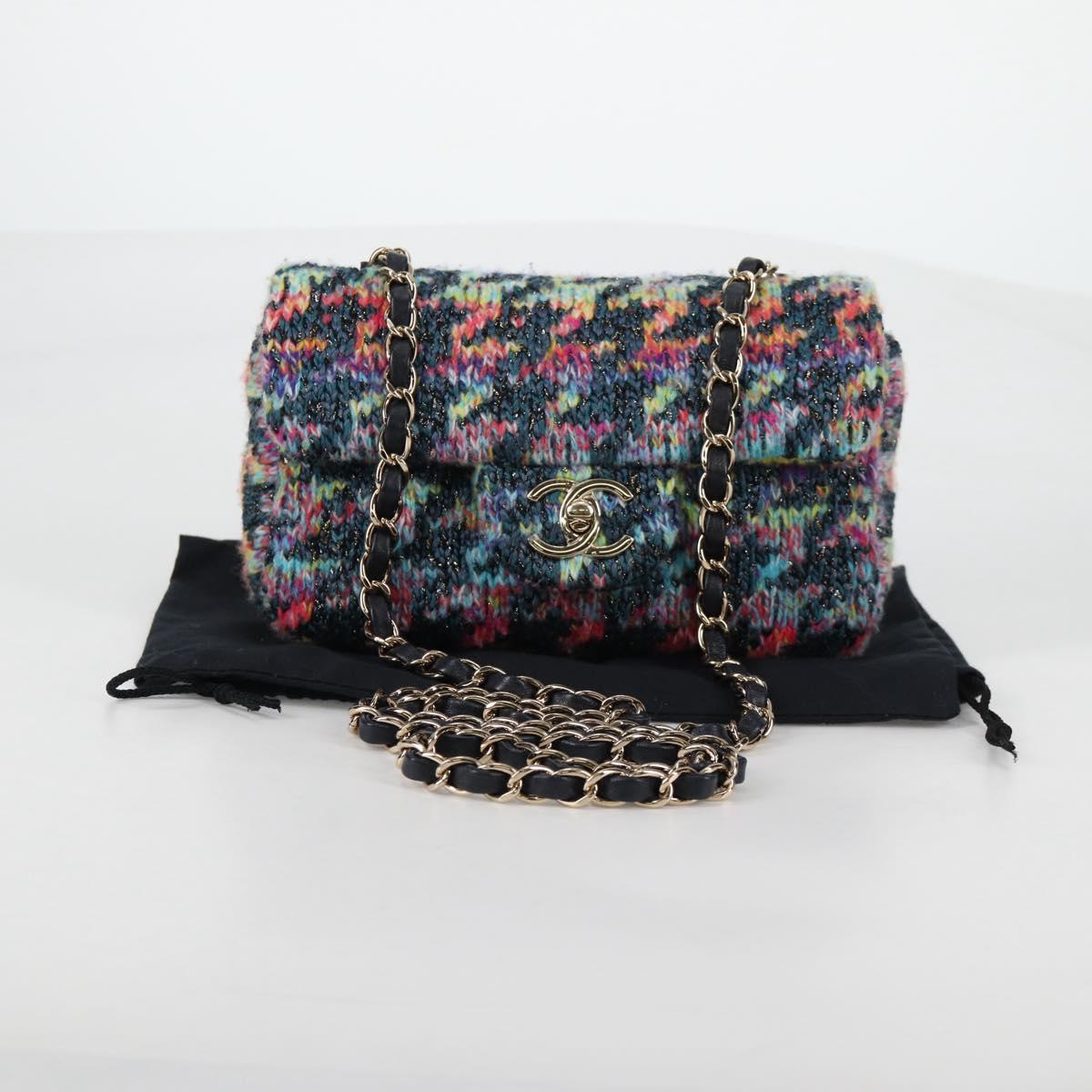 CHANEL Chain Shoulder Bag Tweed Blue Gold CC Auth 134856SM
