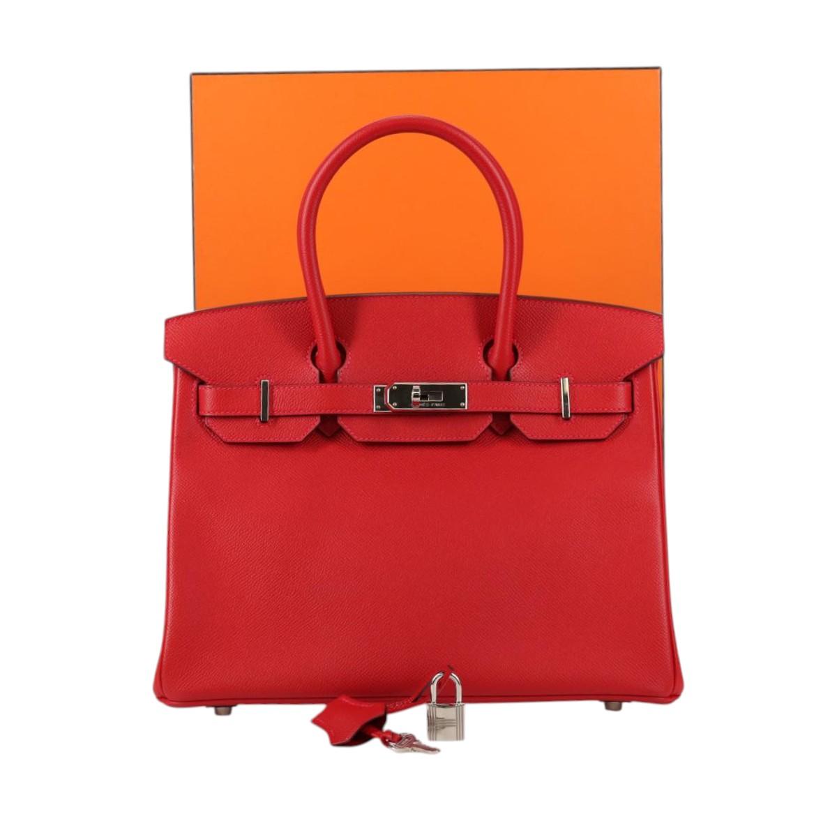 HERMES Birkin 30 Hand Bag Leather Red Silver Auth 134875SM