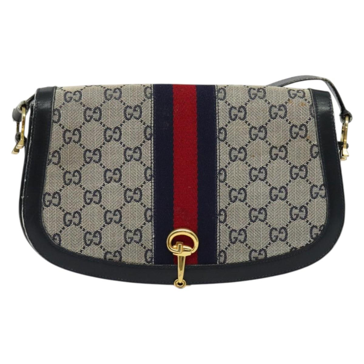 GUCCI GG Canvas Sherry Line Shoulder Bag Navy Gold Red Auth 135003