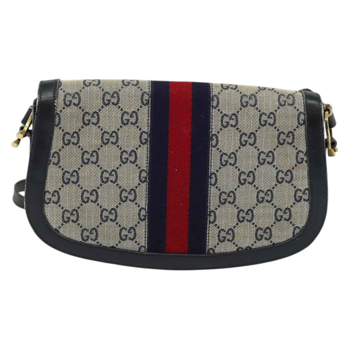 GUCCI GG Canvas Sherry Line Shoulder Bag Navy Gold Red Auth 135003
