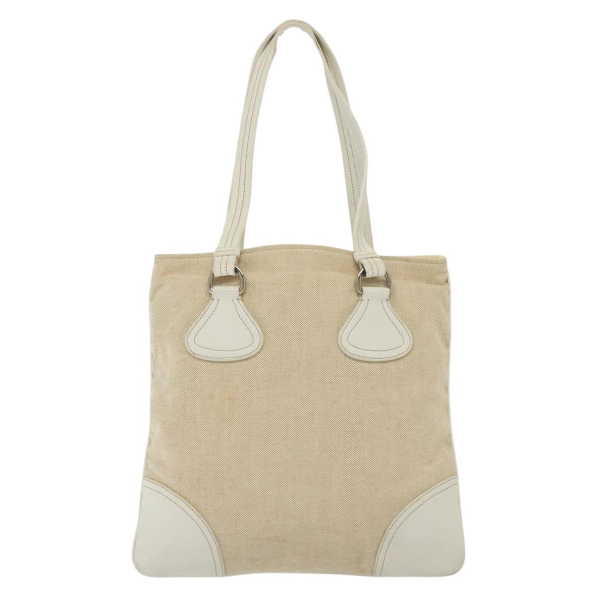 PRADA Tote Bag Canvas Beige Silver Auth 135047
