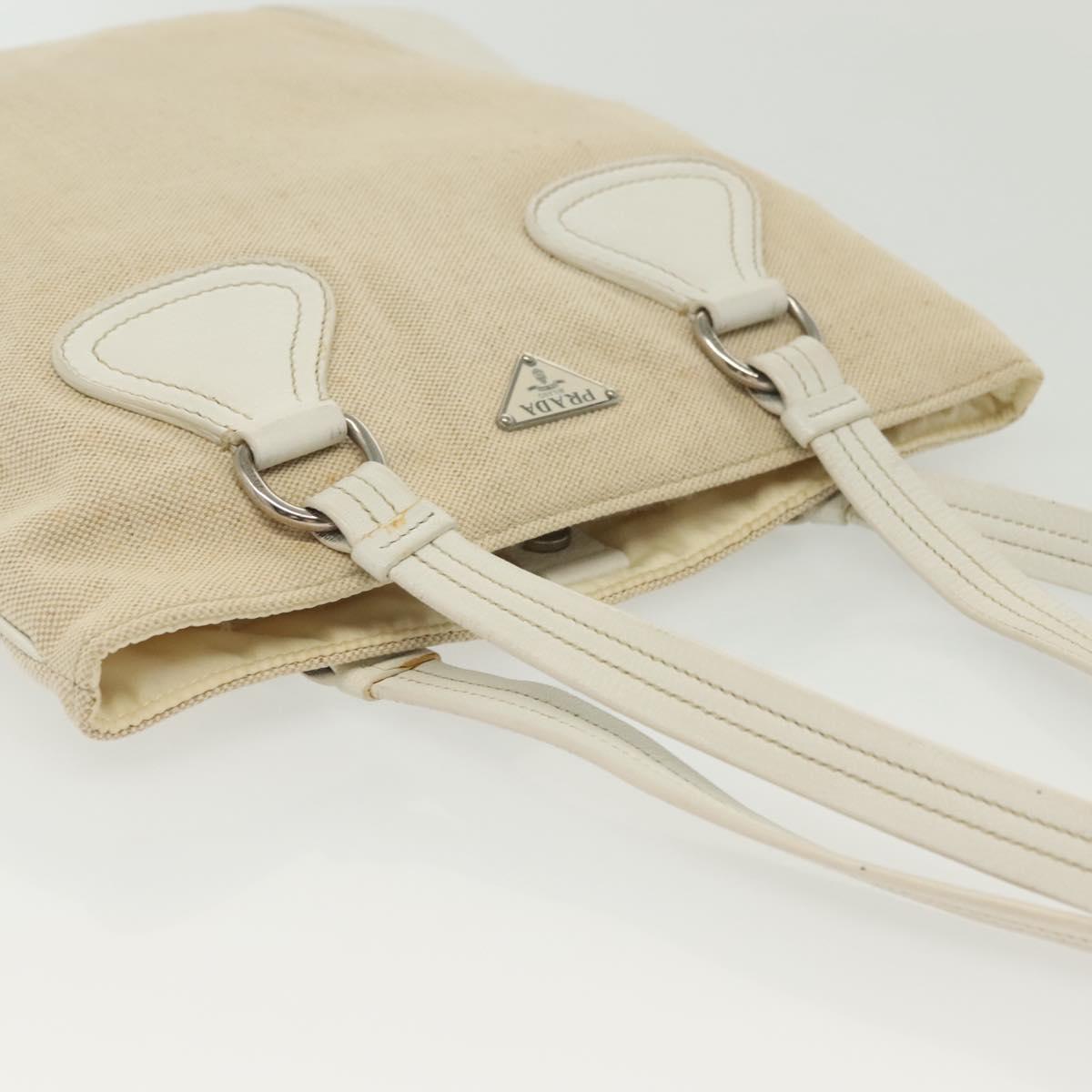 PRADA Tote Bag Canvas Beige Silver Auth 135047