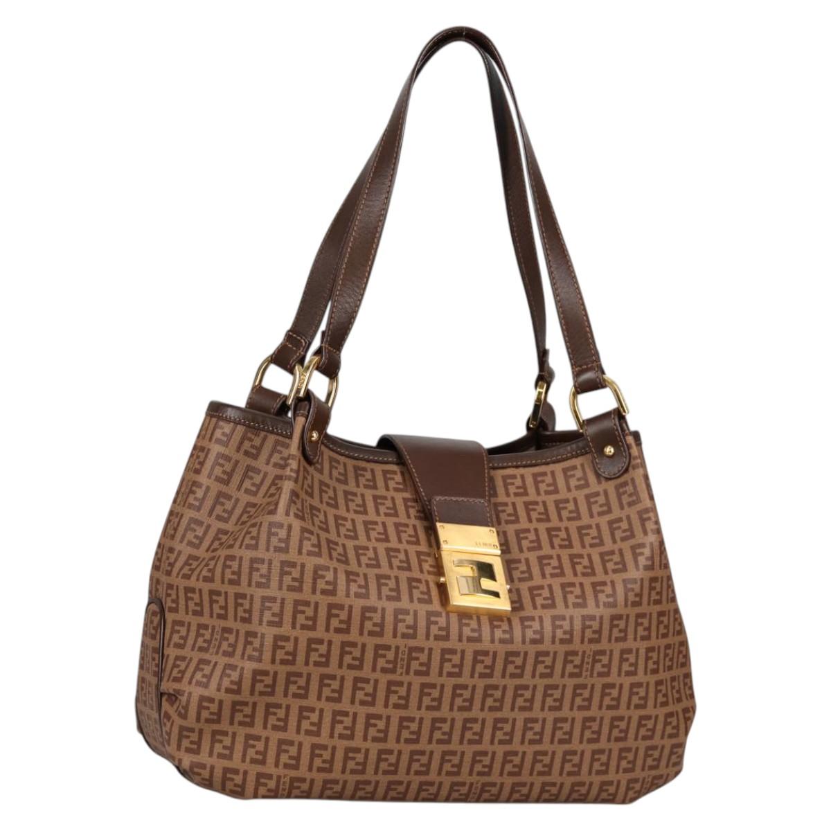 FENDI Zucchino Canvas Mamma Baguette Shoulder Bag PVC Beige Gold Auth 135115A