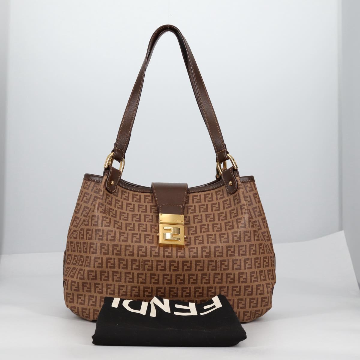FENDI Zucchino Canvas Mamma Baguette Shoulder Bag PVC Beige Gold Auth 135115A