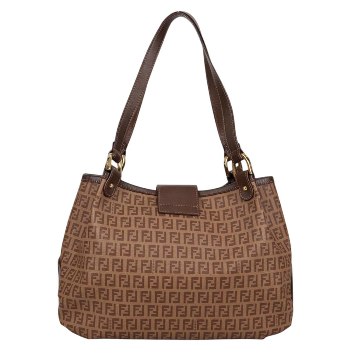 FENDI Zucchino Canvas Mamma Baguette Shoulder Bag PVC Beige Gold Auth 135115A