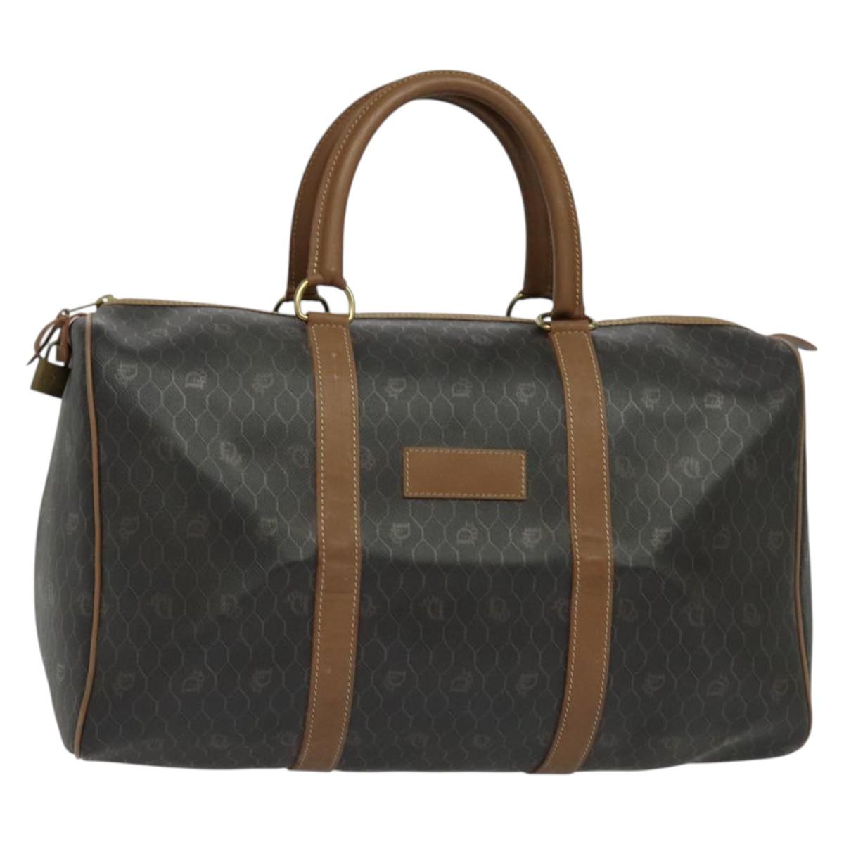 Christian Dior Honeycomb Canvas Boston Bag PVC Black Gold Auth 135192