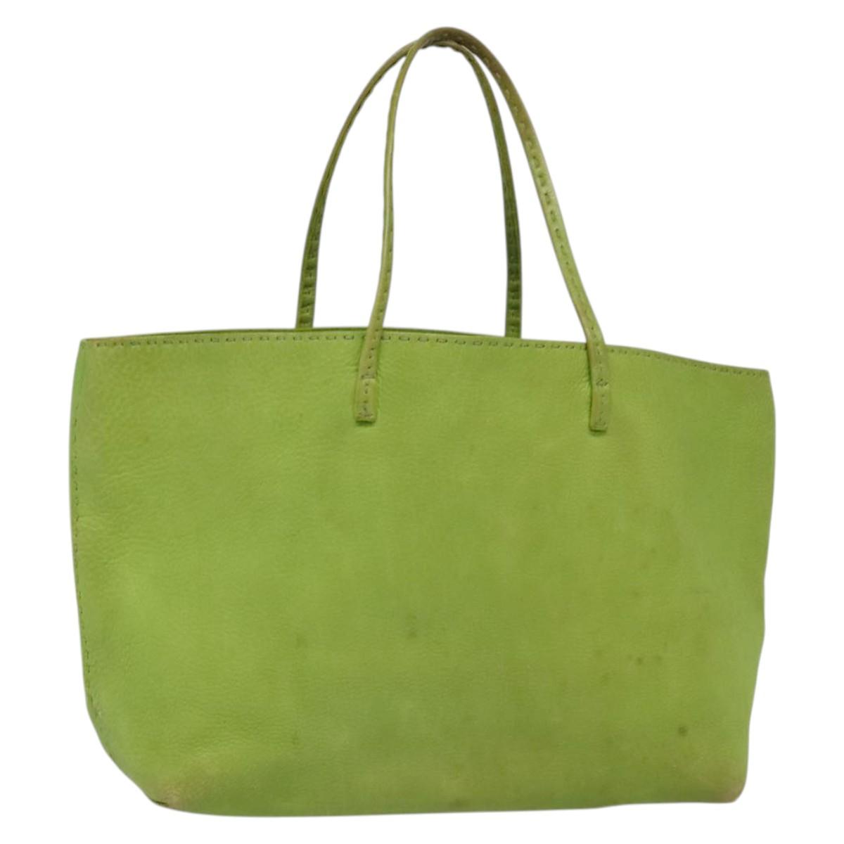 FENDI Tote Bag Leather Green Silver Auth 135199