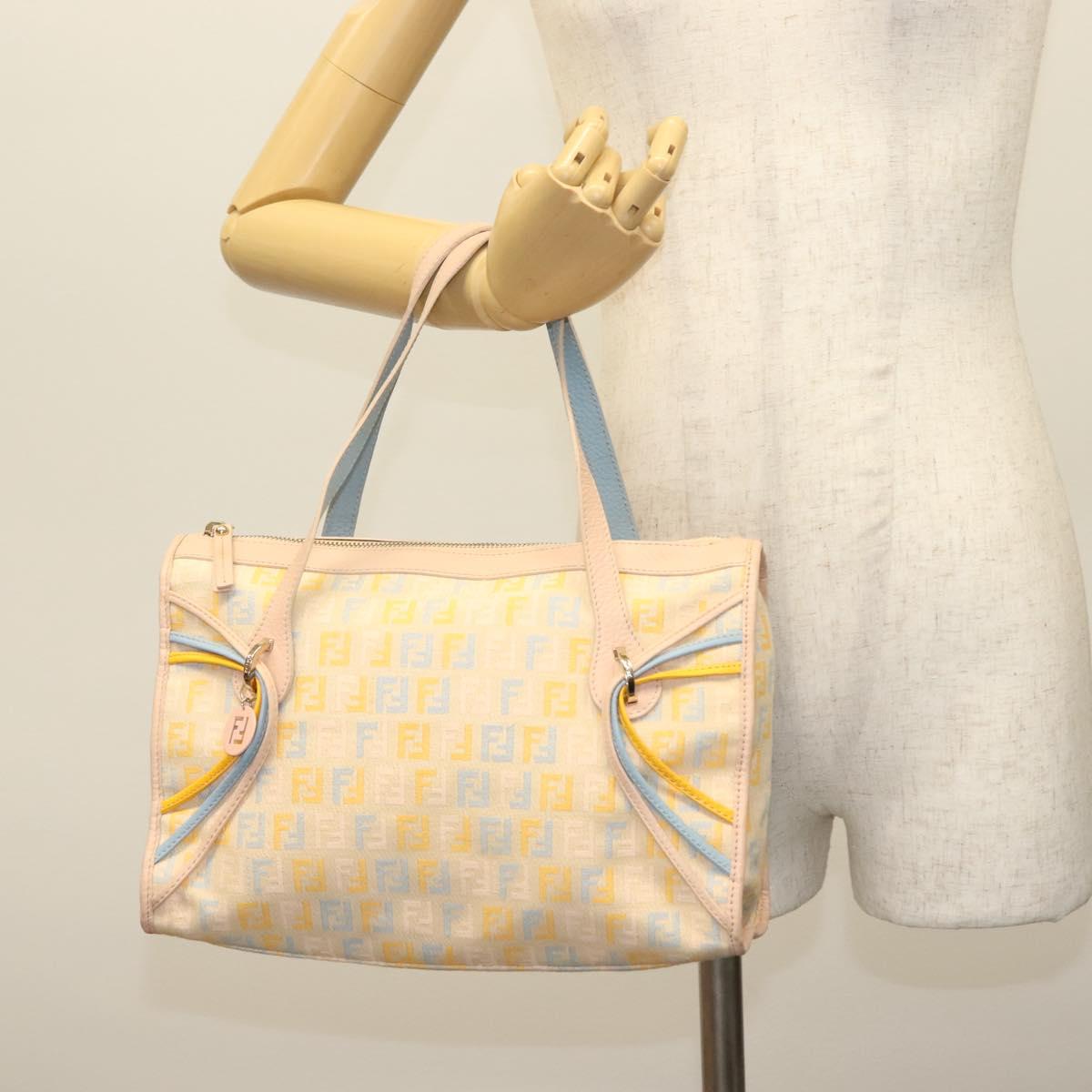 FENDI Zucchino Canvas Hand Bag Beige Gold Auth 135203