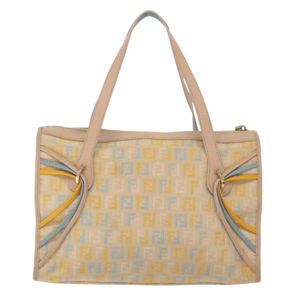 FENDI Zucchino Canvas Hand Bag Beige Gold Auth 135203