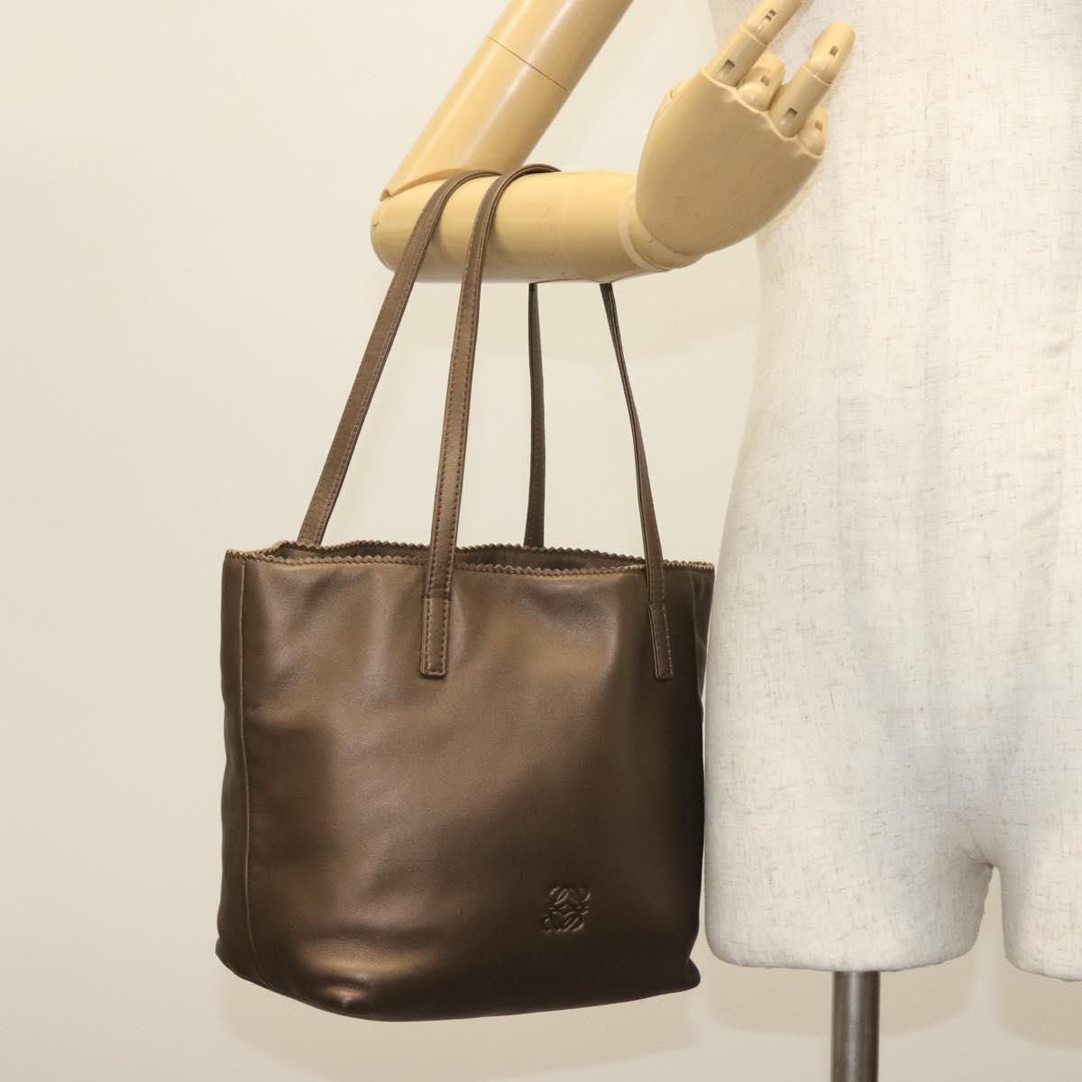 LOEWE Hand Bag Leather Brown Silver Auth 135204
