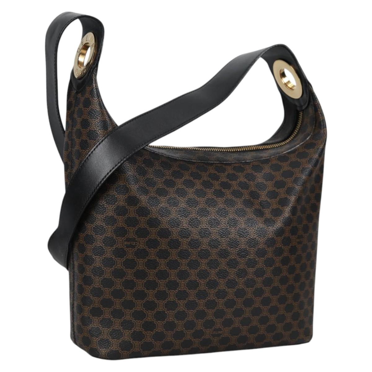 CELINE Macadam Canvas Shoulder Bag PVC Leather Black Gold Auth 135205V