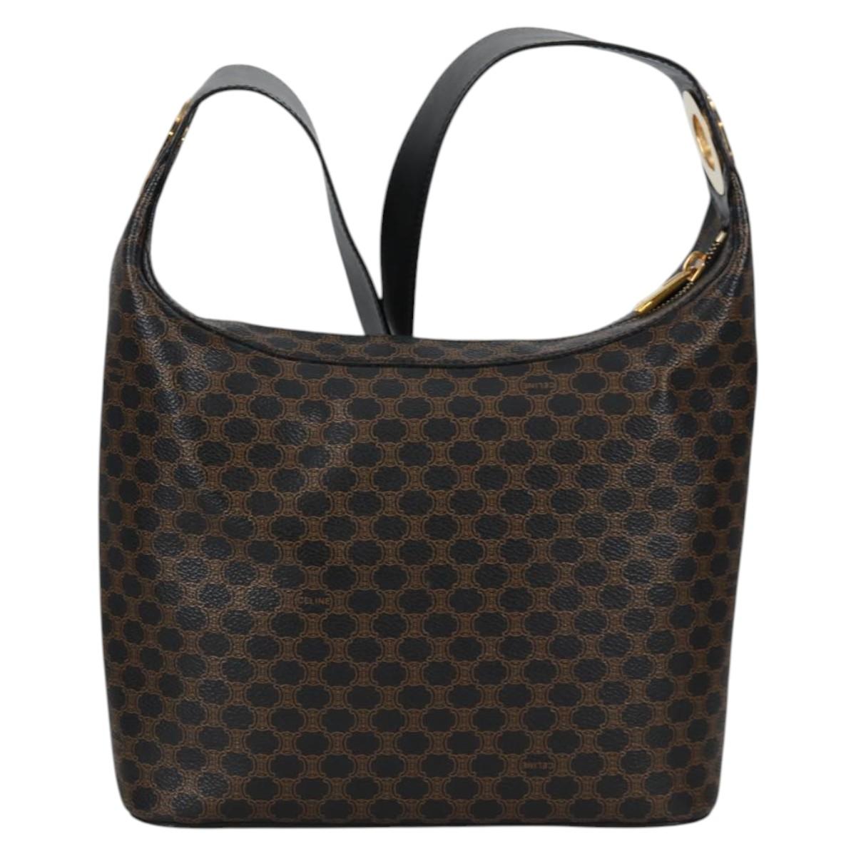 CELINE Macadam Canvas Shoulder Bag PVC Leather Black Gold Auth 135205V