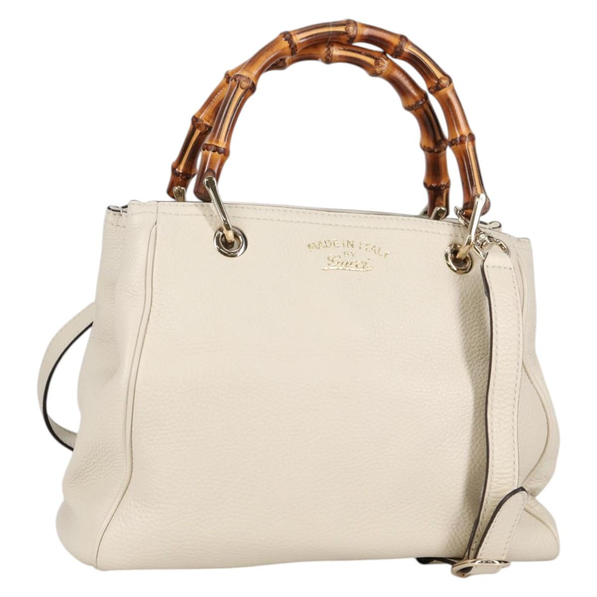 GUCCI Bamboo Hand Bag Leather 2way White Gold 336032 Auth 135213V