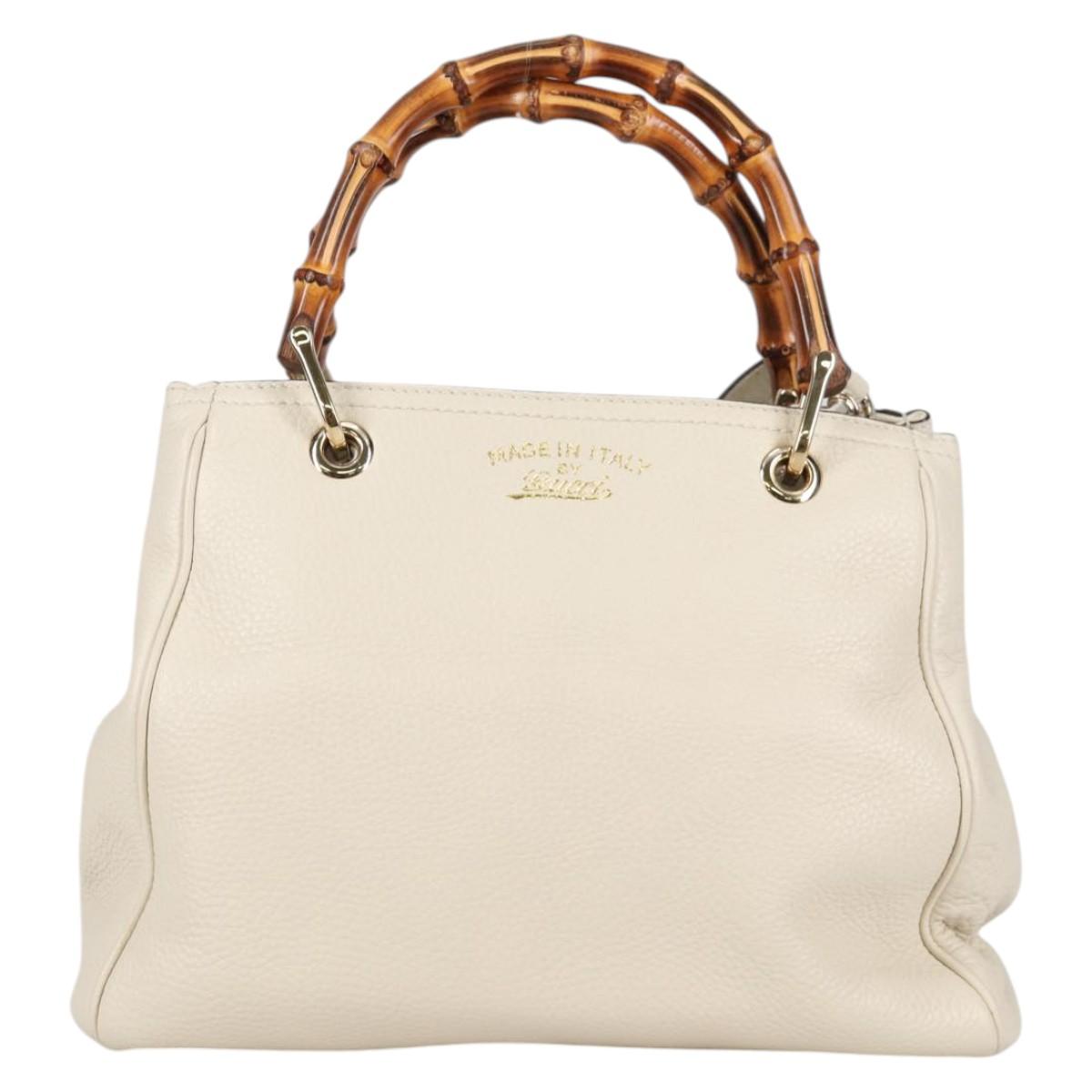 GUCCI Bamboo Hand Bag Leather 2way White Gold 336032 Auth 135213V