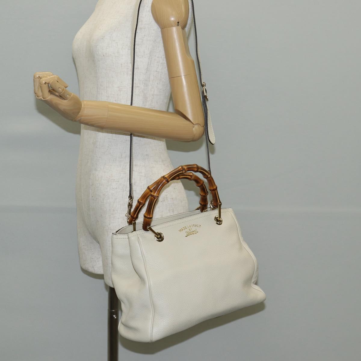 GUCCI Bamboo Hand Bag Leather 2way White Gold 336032 Auth 135213V