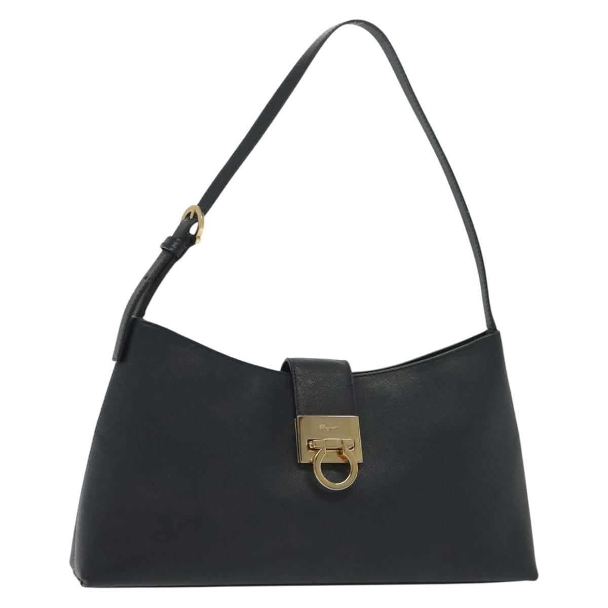 Salvatore Ferragamo Gancini Hand Bag Leather Navy Gold Auth 135232