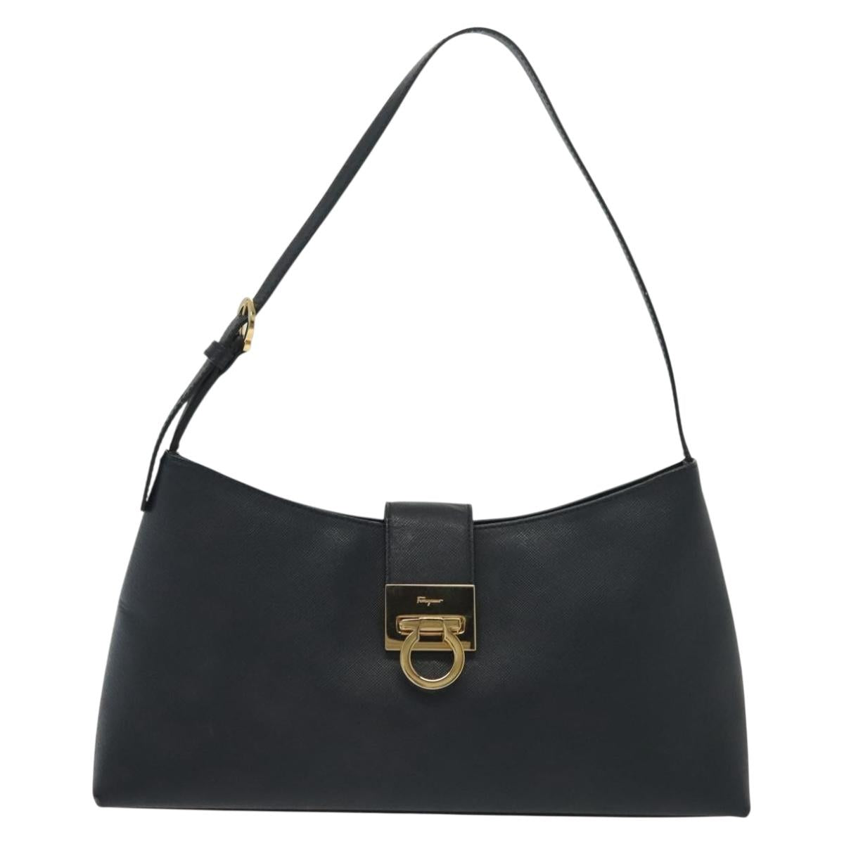 Salvatore Ferragamo Gancini Hand Bag Leather Navy Gold Auth 135232