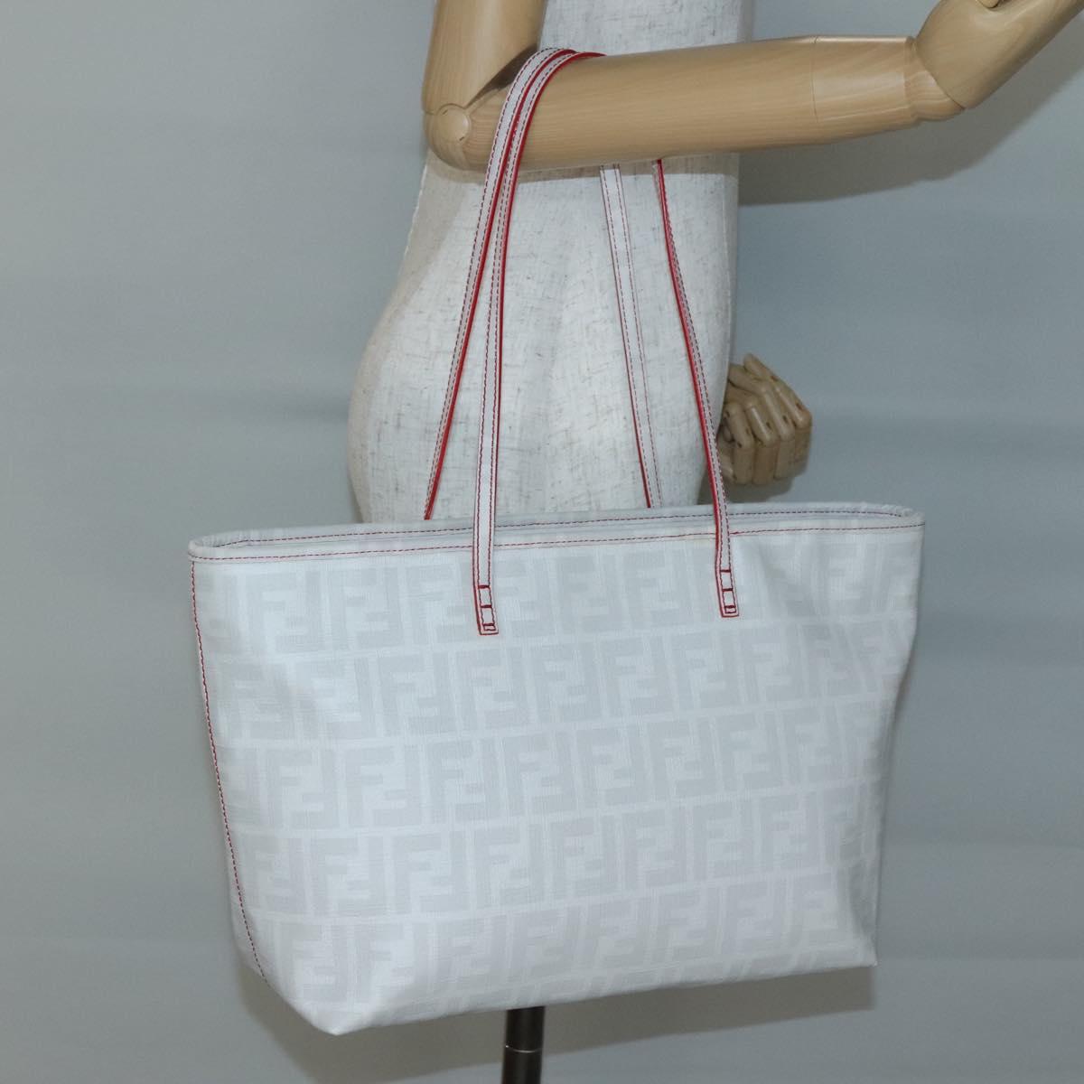 FENDI Zucca Canvas Tote Bag PVC White Gold Auth 135233