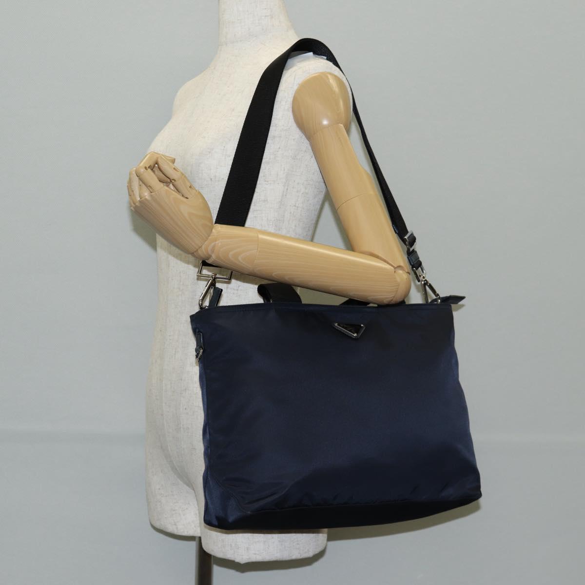 PRADA Hand Bag Nylon 2way Navy Gold Auth 135239