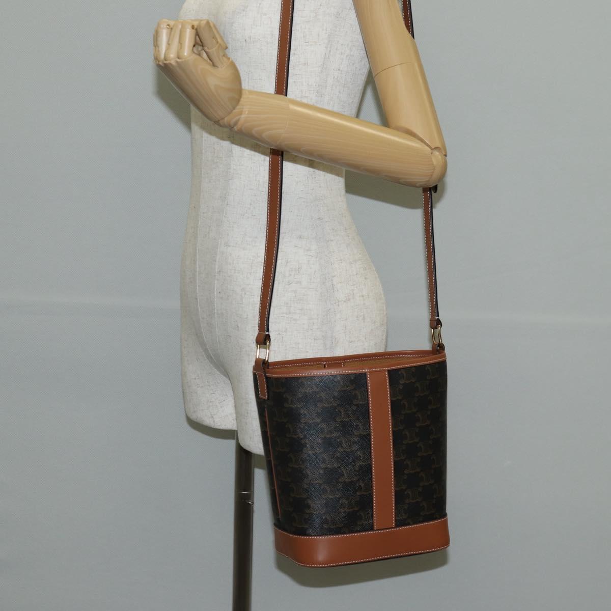 CELINE Triomphe Small Bucket Shoulder Bag PVC Leather Black Gold Auth 135273SM