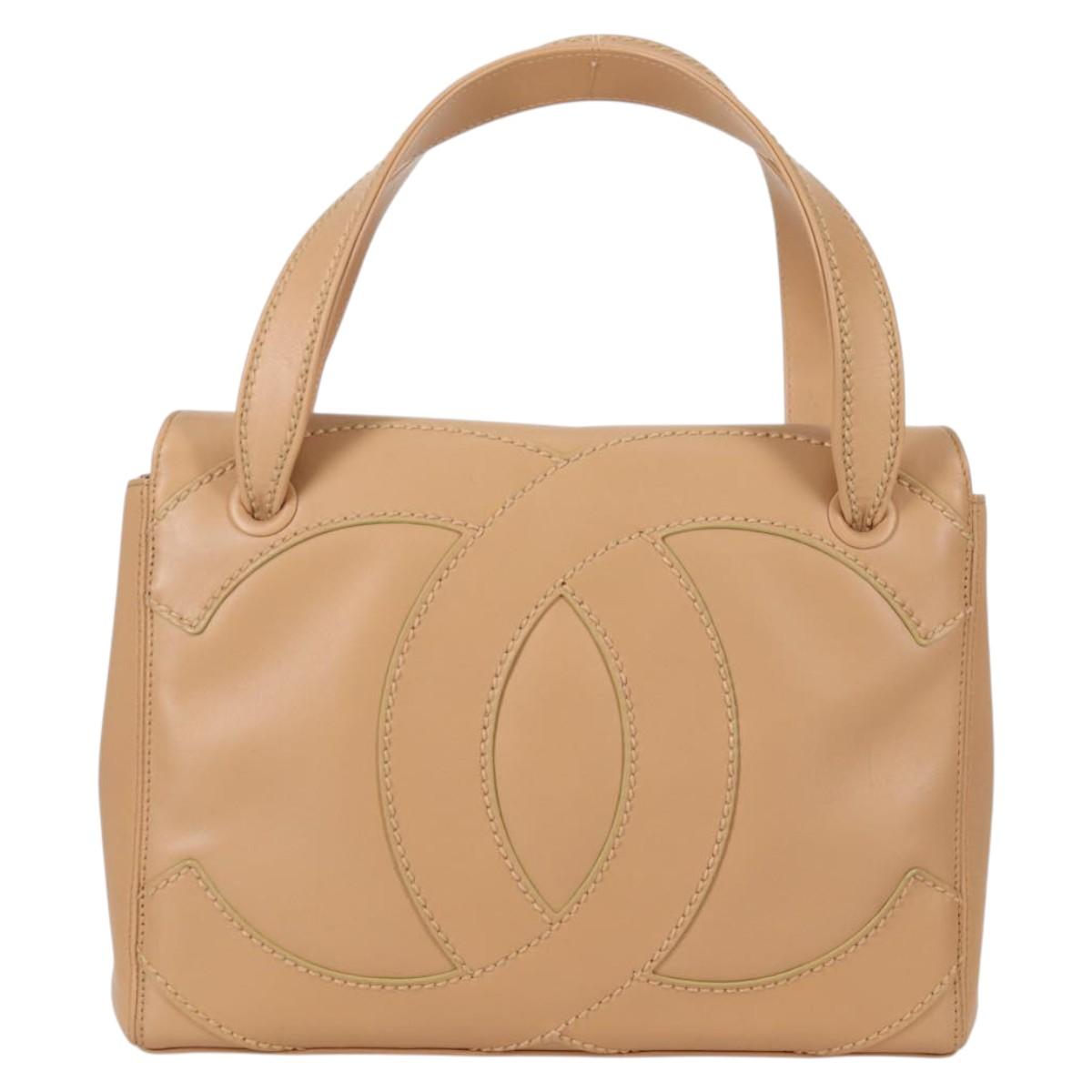 CHANEL Hand Bag Lamb Skin Beige Gold CC Auth 135275V