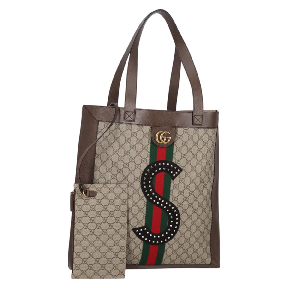 GUCCI GG Supreme Web Sherry Line Tote Bag PVC Beige Gold Red Auth 135289SAM