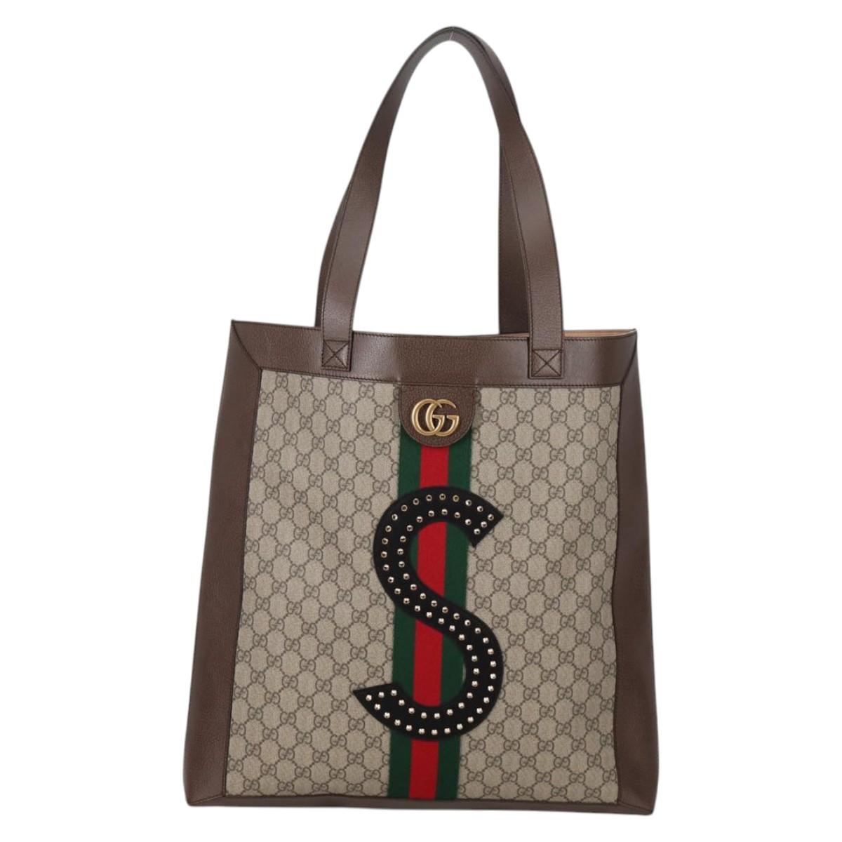 GUCCI GG Supreme Web Sherry Line Tote Bag PVC Beige Gold Red Auth 135289SAM