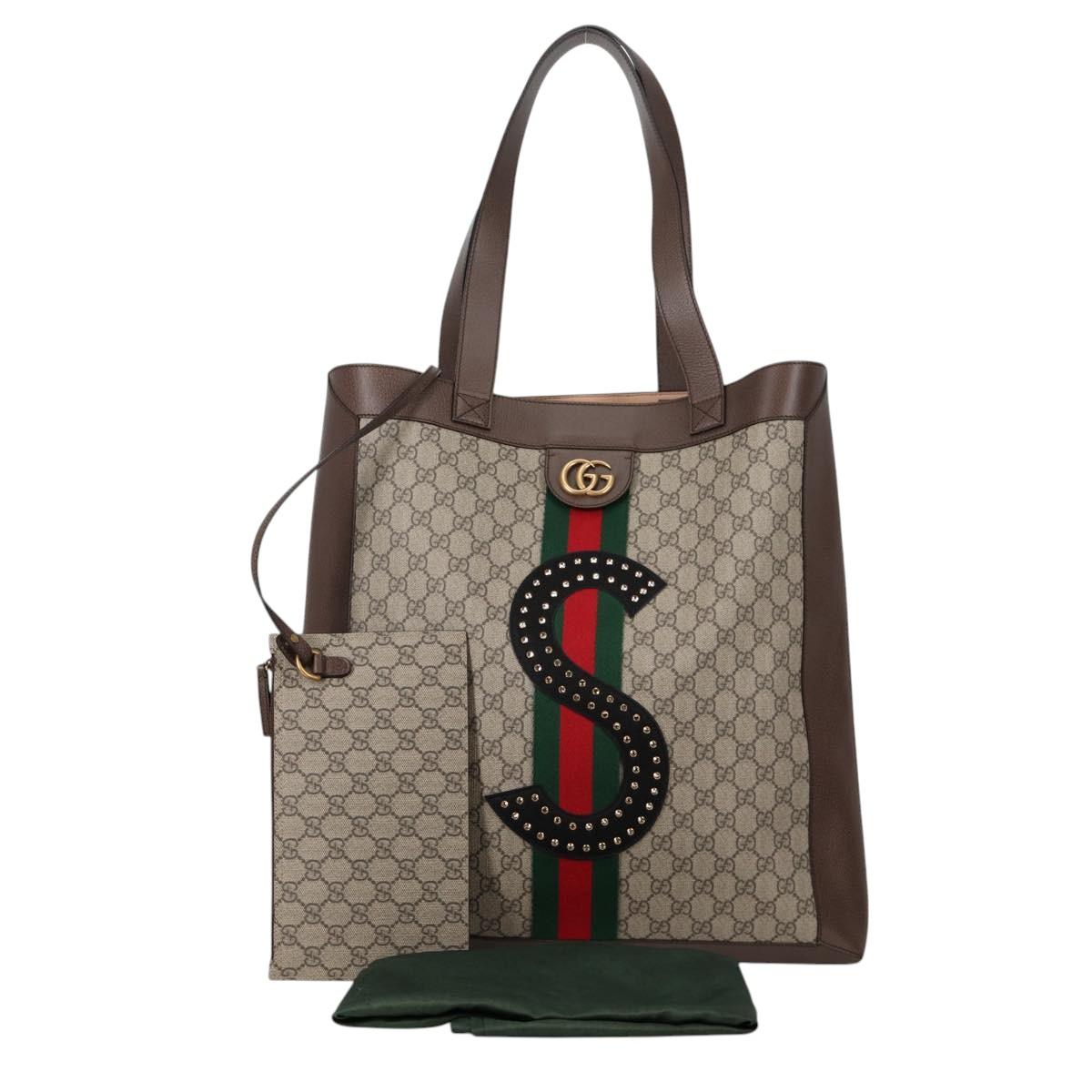 GUCCI GG Supreme Web Sherry Line Tote Bag PVC Beige Gold Red Auth 135289SAM