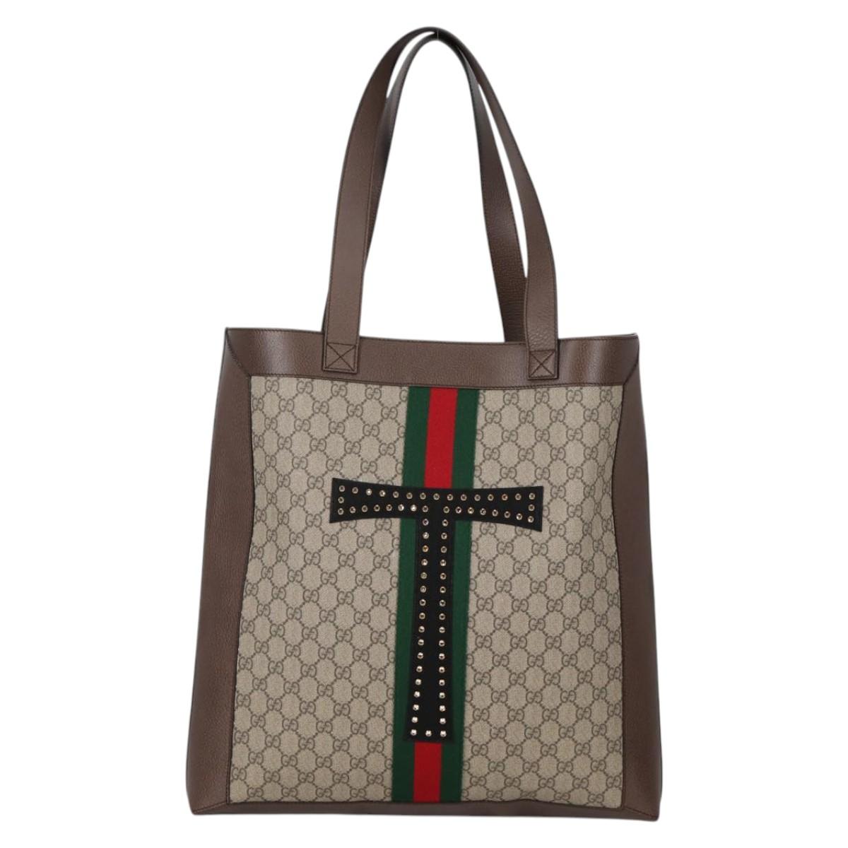 GUCCI GG Supreme Web Sherry Line Tote Bag PVC Beige Gold Red Auth 135289M
