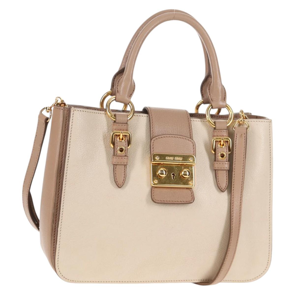 Miu Miu Hand Bag Leather 2way Beige Gold Auth 135311V