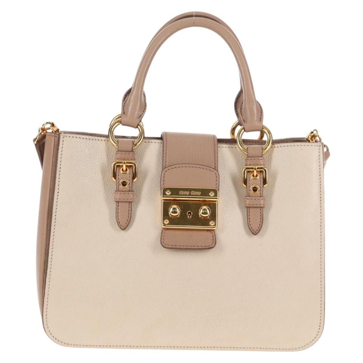 Miu Miu Hand Bag Leather 2way Beige Gold Auth 135311V
