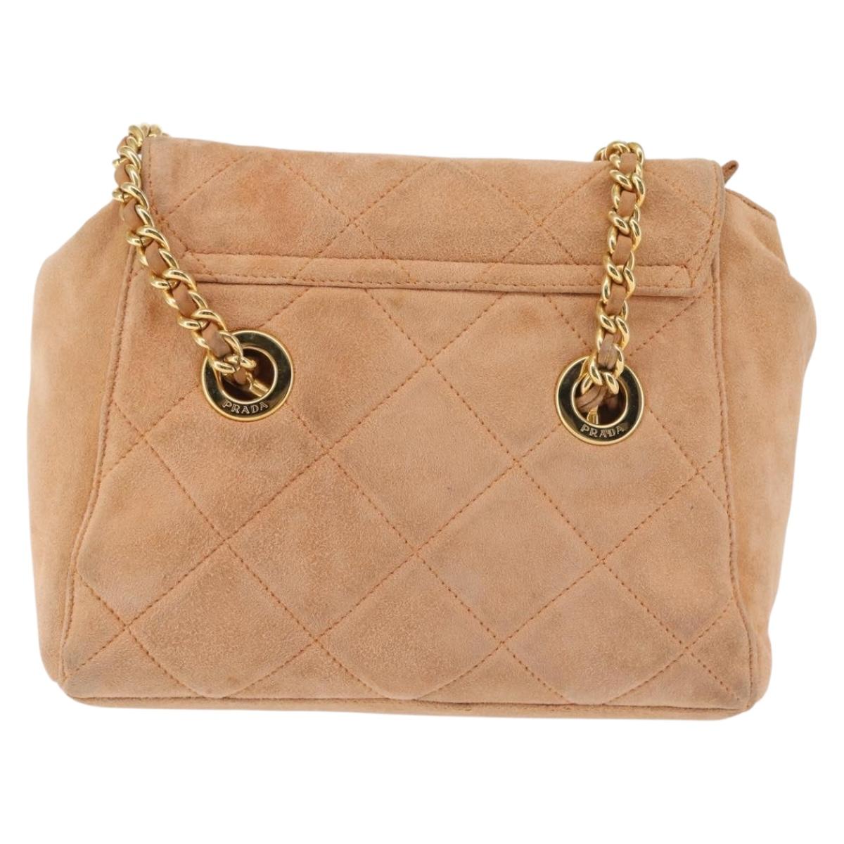 PRADA Chain Shoulder Bag Suede Beige Gold Auth 135314