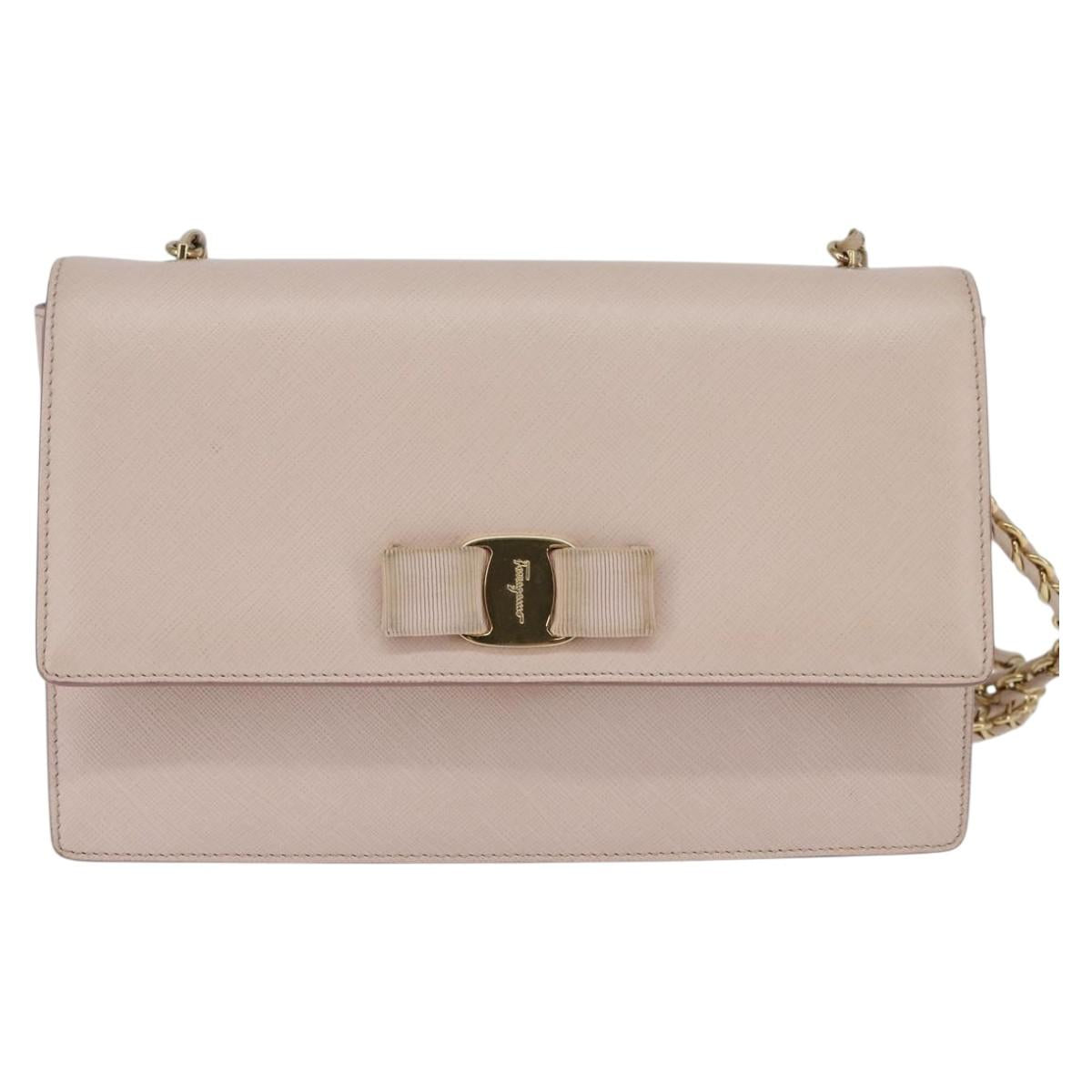Salvatore Ferragamo Chain Shoulder Bag Leather Pink Gold Auth 135336