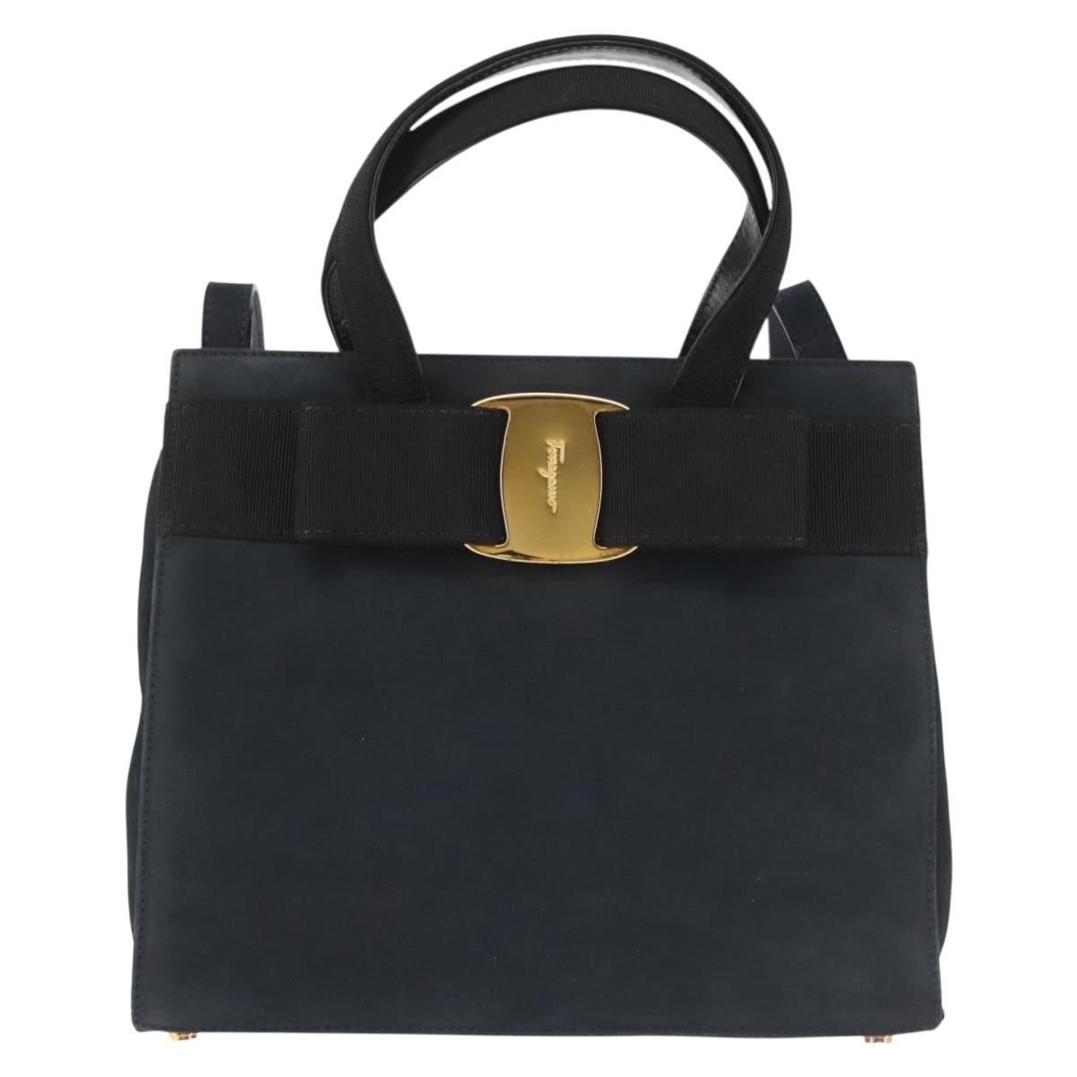 Salvatore Ferragamo Hand Bag Suede 2way Black Gold Auth 135339