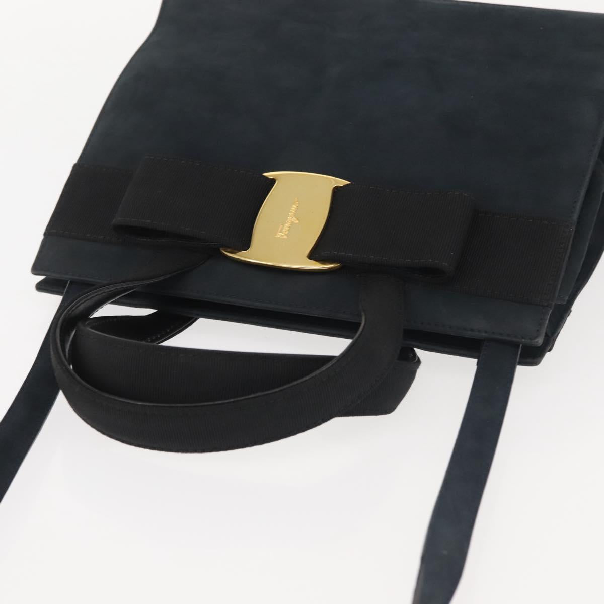 Salvatore Ferragamo Hand Bag Suede 2way Black Gold Auth 135339