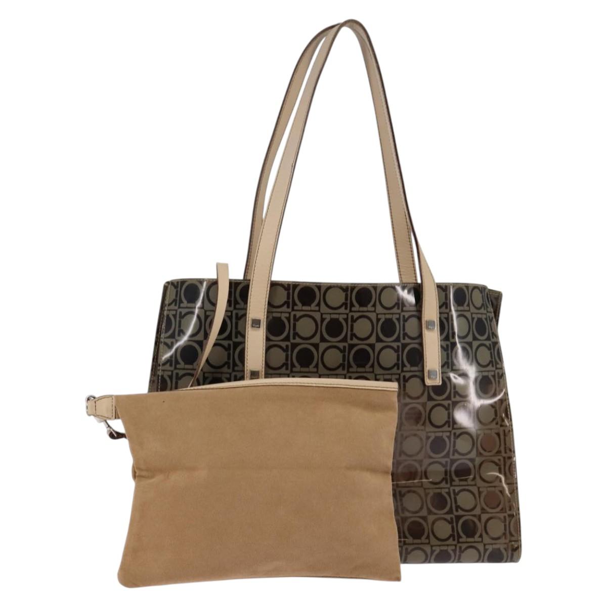 Salvatore Ferragamo Gancini Shoulder Bag Vinyl Brown Silver Auth 135345