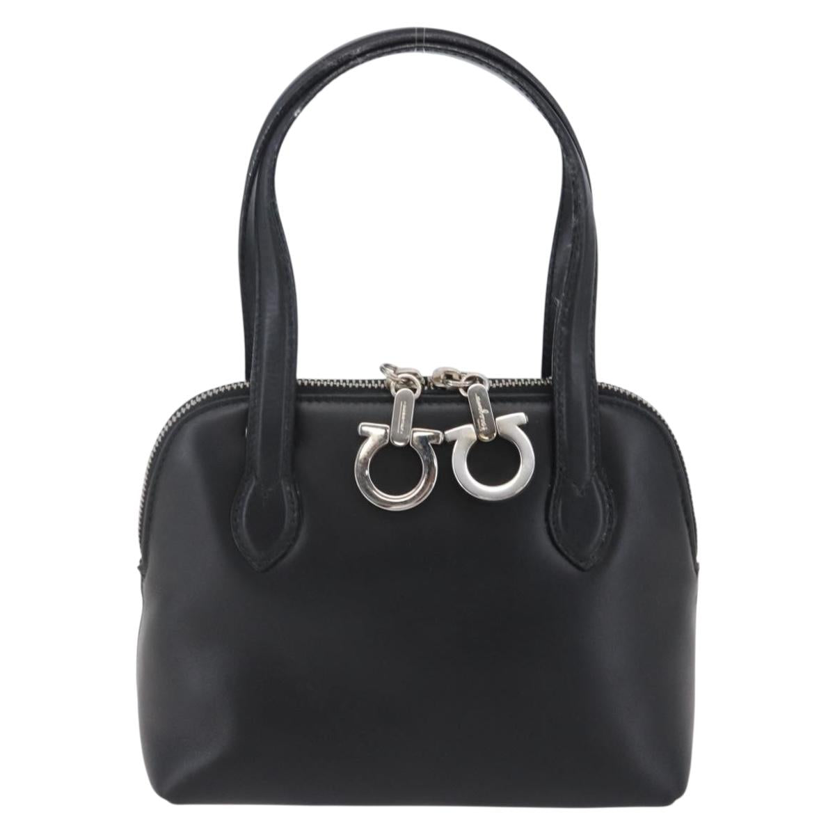 Salvatore Ferragamo Gancini Hand Bag Leather Black Silver Auth 135346