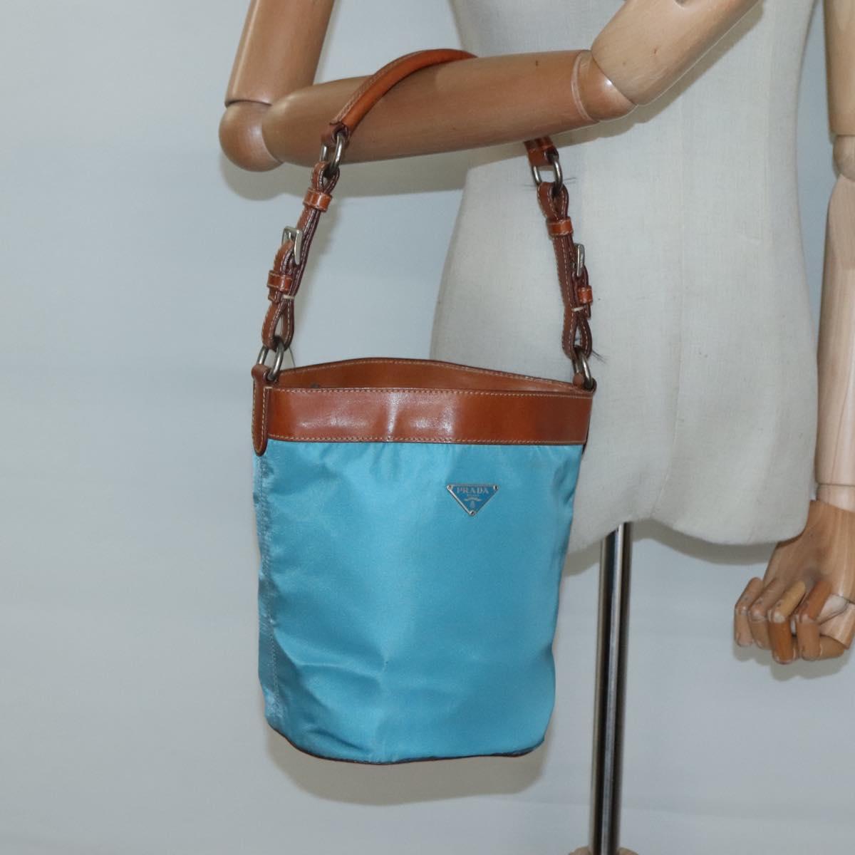 PRADA Shoulder Bag Nylon Leather Silver Blue Auth 135381