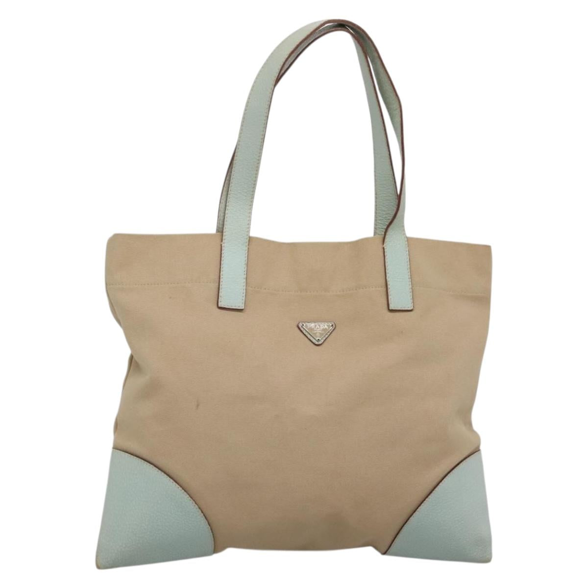 PRADA Tote Bag Canvas Beige Silver Auth 135383