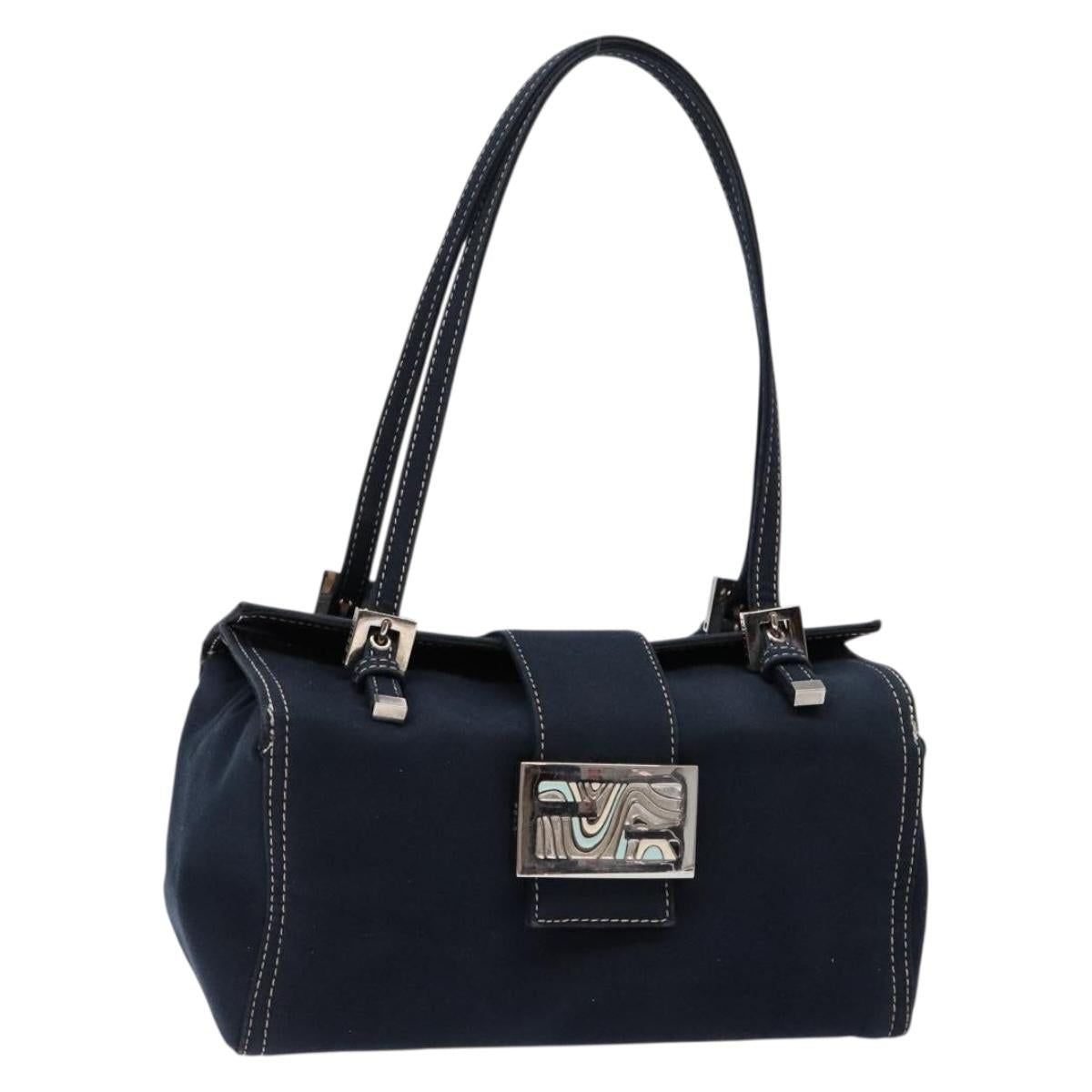 FENDI Mamma Baguette Shoulder Bag Canvas Navy Silver Auth 135385