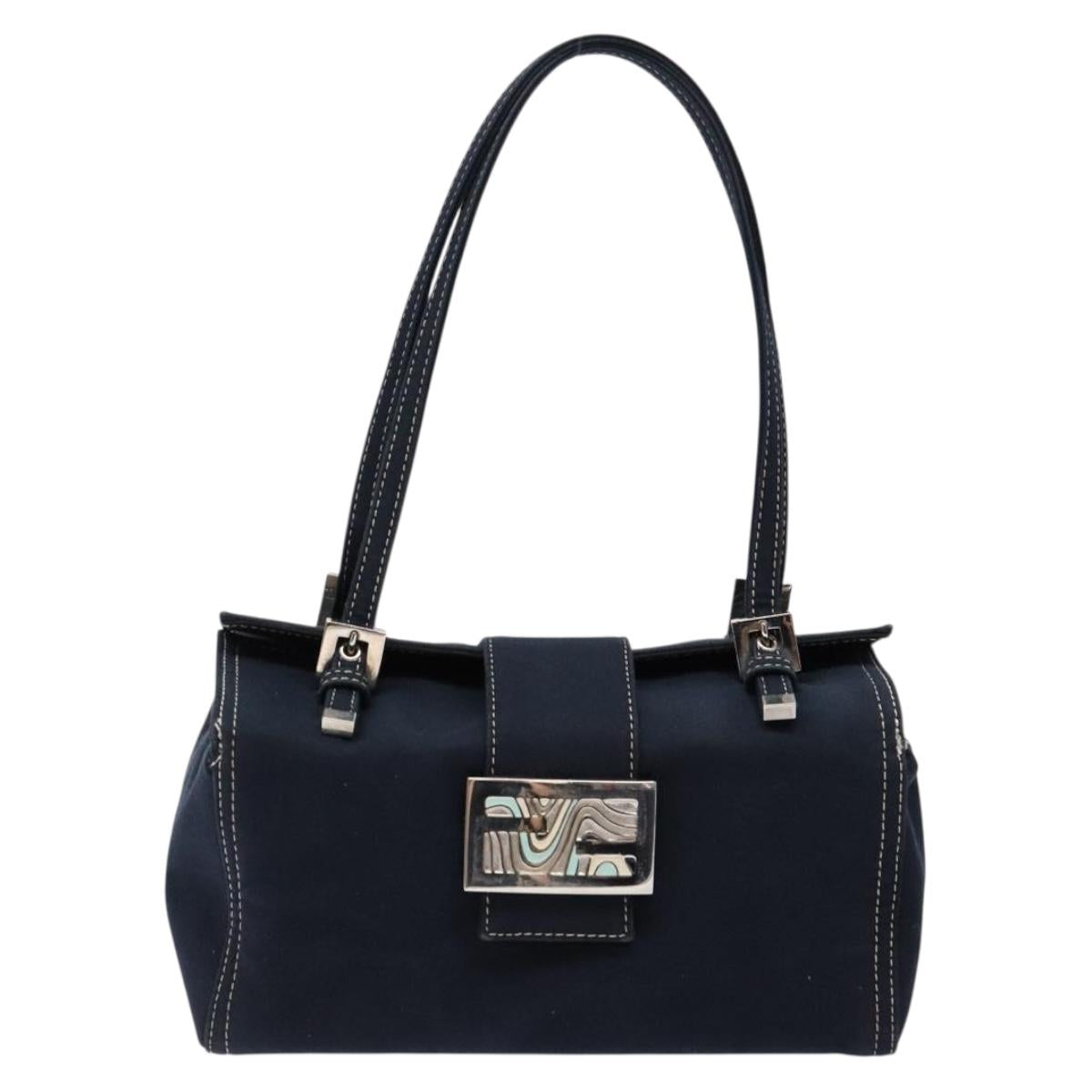 FENDI Mamma Baguette Shoulder Bag Canvas Navy Silver Auth 135385