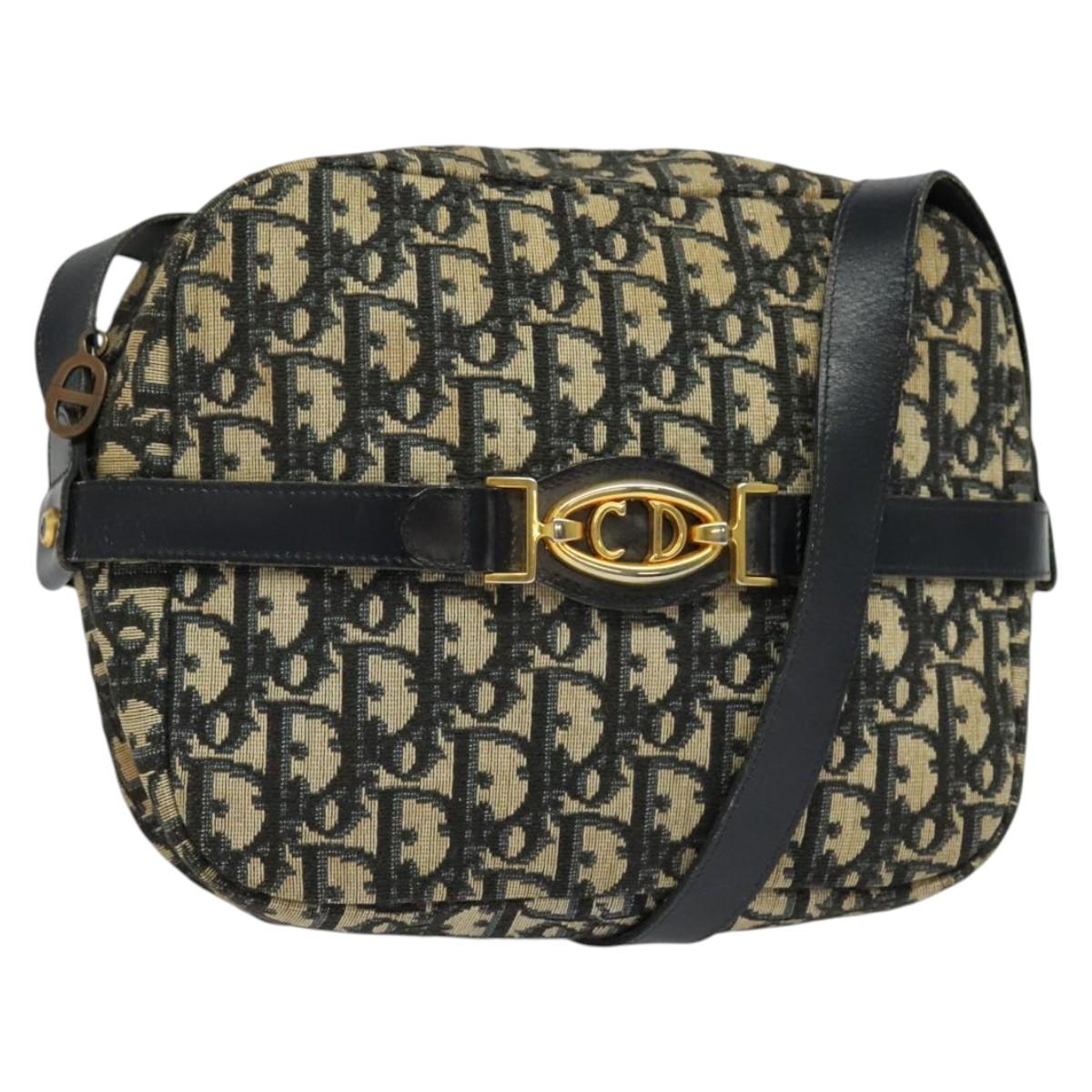 Christian Dior Trotter Canvas Shoulder Bag Navy Gold Auth 135390