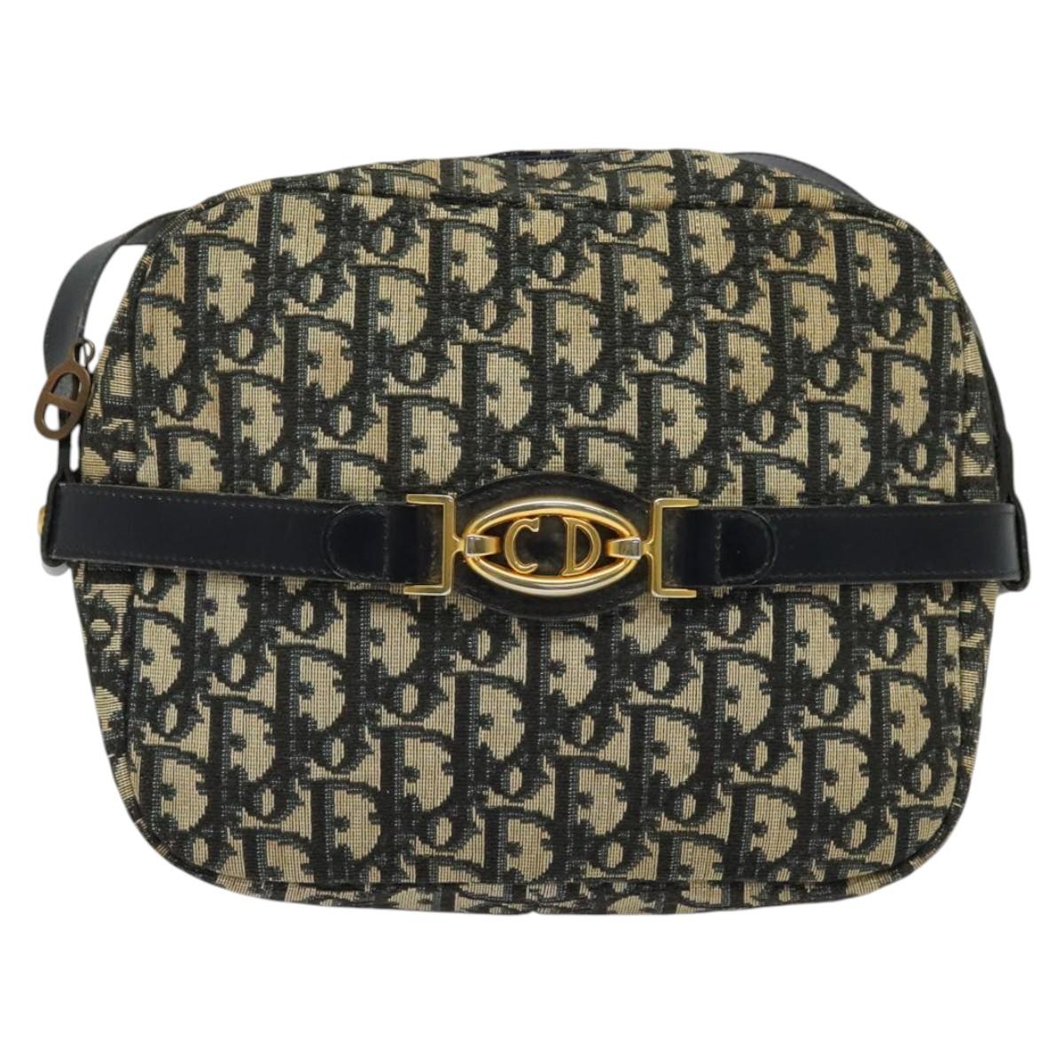 Christian Dior Trotter Canvas Shoulder Bag Navy Gold Auth 135390